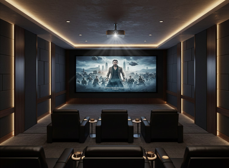 CinemaScope acoustically transparent projection screen in a luxury home theatre
