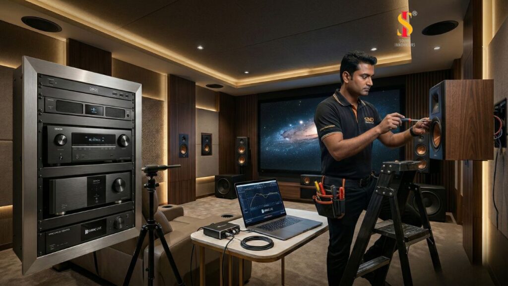 CEDIA certified home theatre installer setting up immersive audio system in luxury home cinema