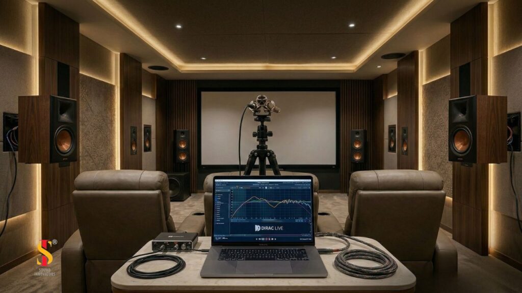 Dirac Live audio calibration using measurement microphone in Dolby Atmos home theatre