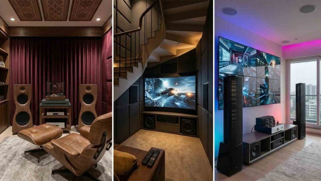 Luxury home theatre surround sound system with Dolby Atmos speakers.