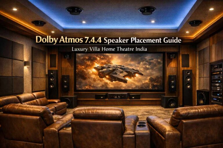 Dolby Atmos 7.4.4 speaker placement in a luxury villa home theatre in India with ceiling speakers and surround sound setup.