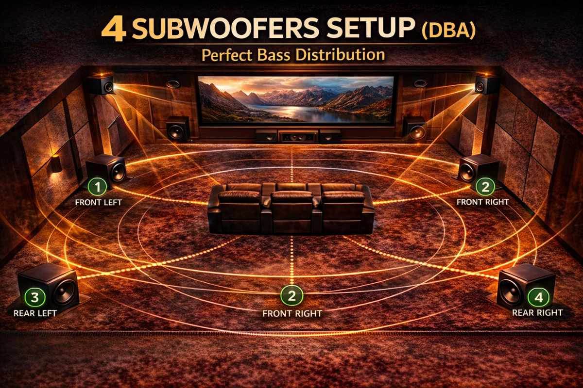 Dolby Atmos 7.4.4 subwoofer placement using distributed bass array with four subwoofers in room corners.