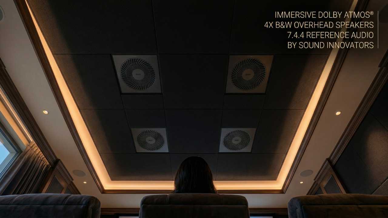 Bowers and Wilkins flush-mounted Dolby Atmos ceiling speakers in a 7.4.4 configuration inside a luxury villa home theatre in India.