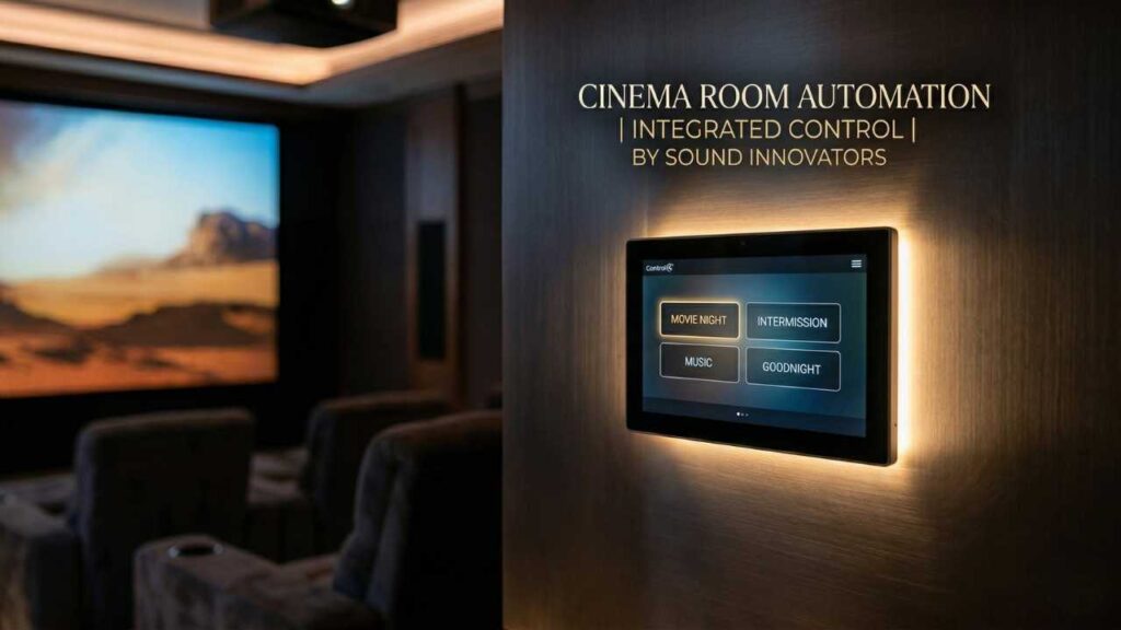 home-automation-scene-control-touchpanel-home-theatre-india Control4 touchpanel showing home automation scene control for Movie Night in a luxury Indian home theatre.