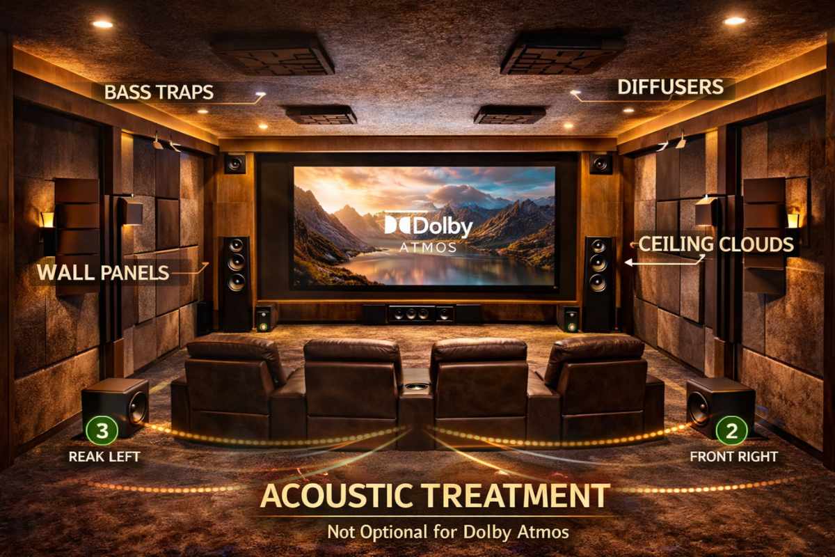 Home theatre acoustic treatment in a luxury villa with bass traps wall panels and ceiling clouds for Dolby Atmos 
