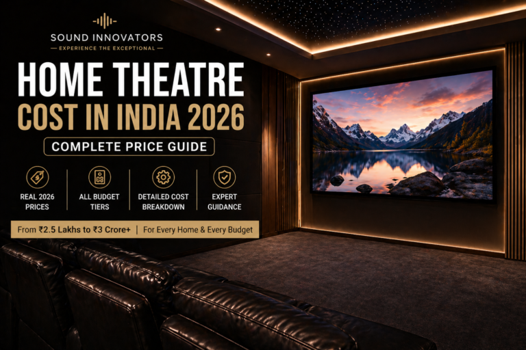 Luxury home theatre room in India with Dolby Atmos setup and premium recliner seating.
