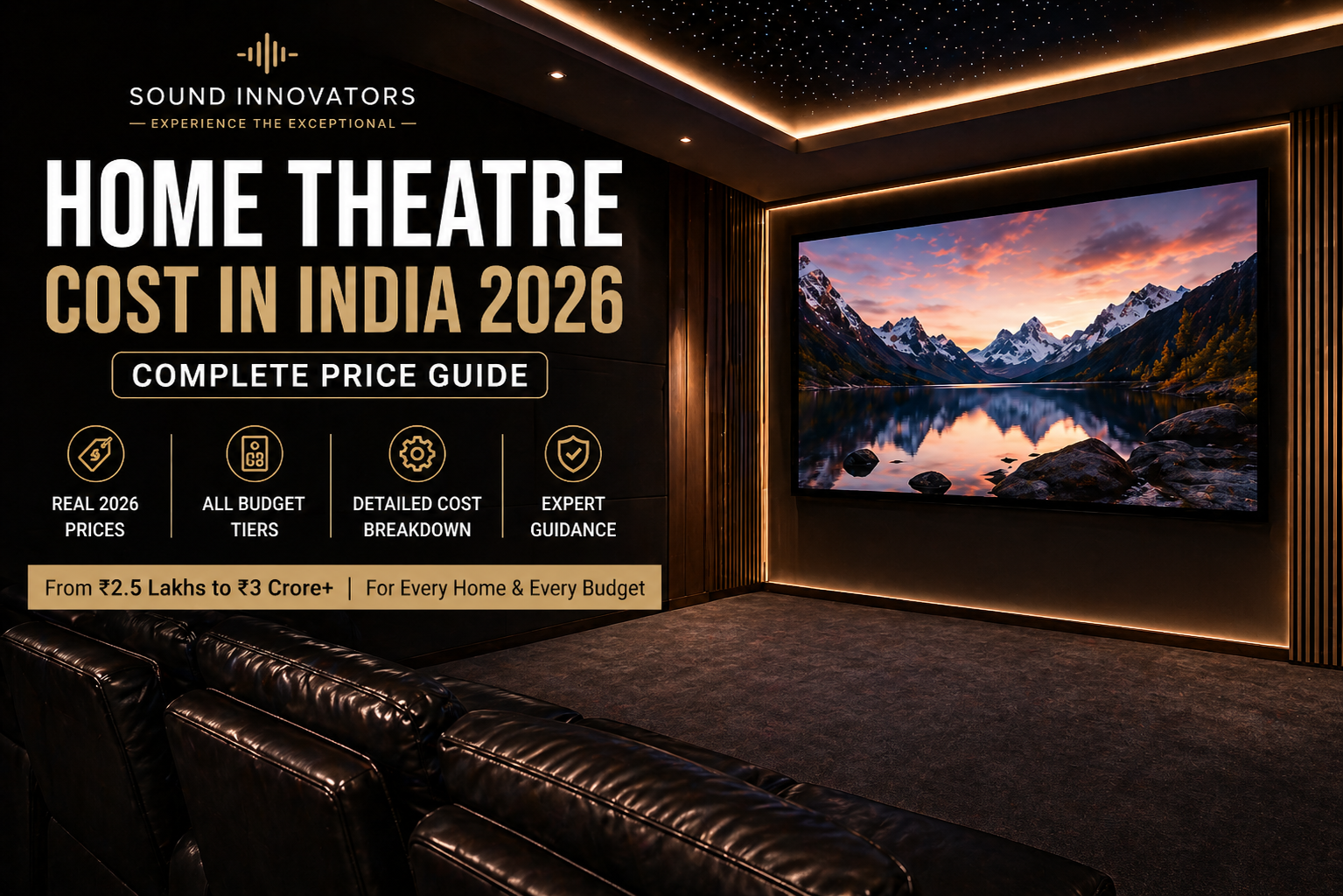 Luxury home theatre room in India with Dolby Atmos setup and premium recliner seating.