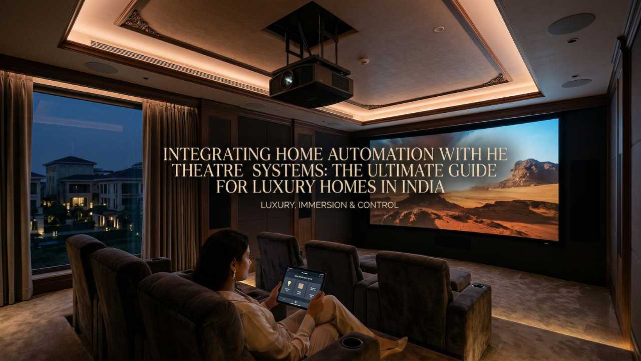 Luxury home theatre room with Dolby Atmos setup and home automation lighting control in a Mumbai villa.