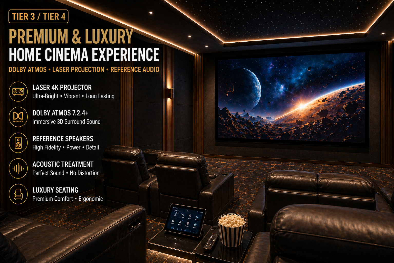 Luxury home cinema in India with Dolby Atmos speakers and laser projector setup