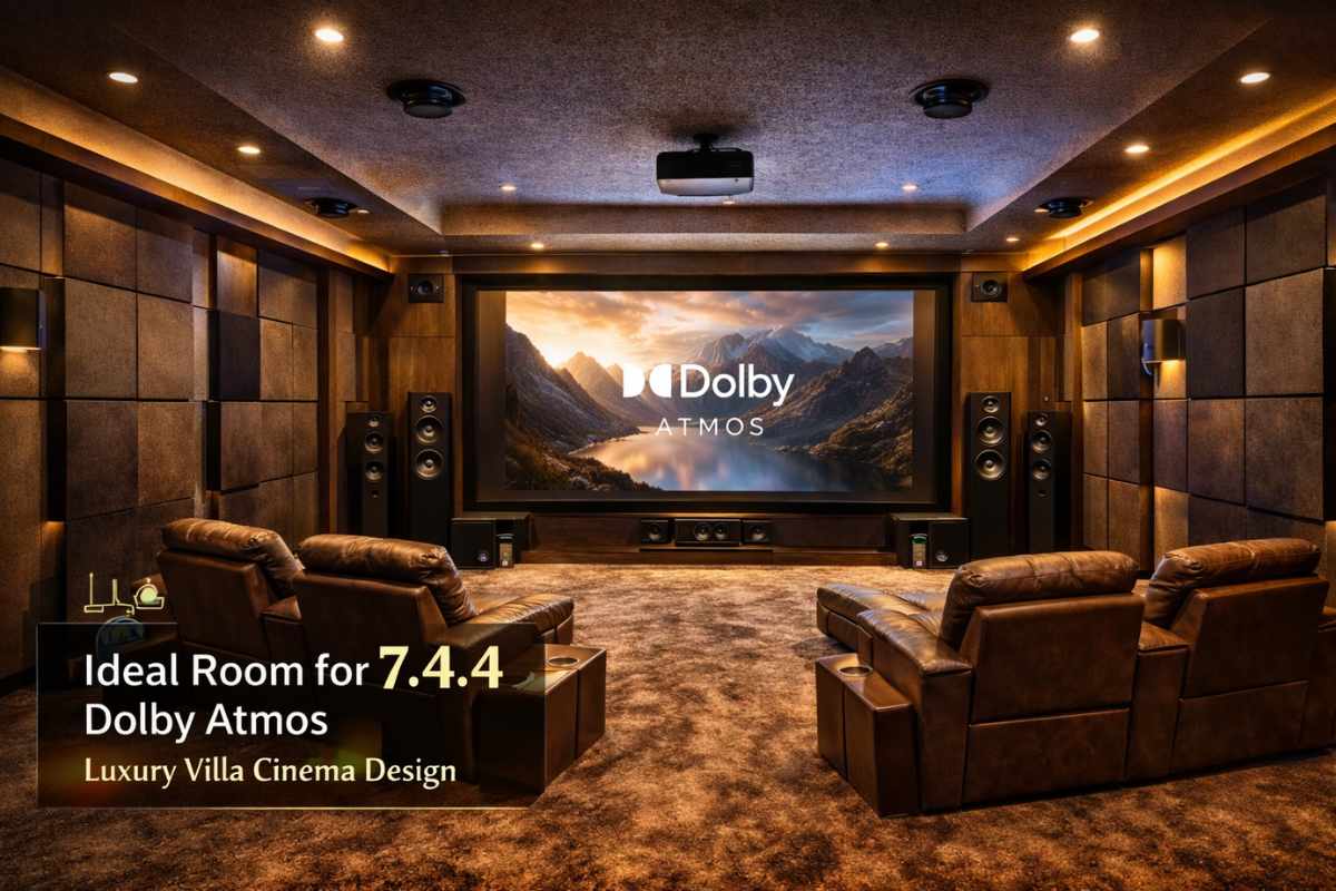  Luxury home theatre room design in India optimized for Dolby Atmos 7.4.4 speaker placement with high ceiling and acoustic panels.