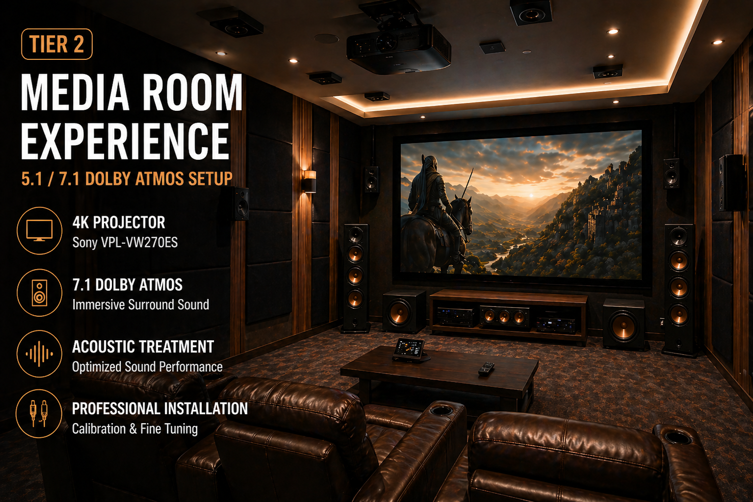 Mid-range home theatre setup in India with projector and 5.1.2 Dolby Atmos surround sound system