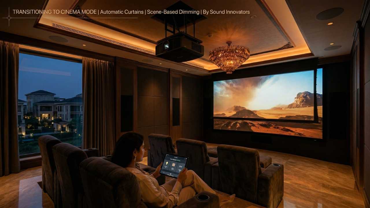 Motorised blackout curtains and KNX smart lighting automation activating Movie Night scene in luxury Indian home theatre.
