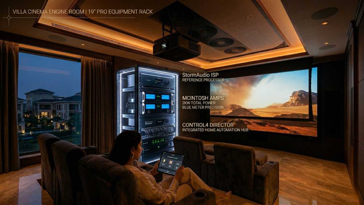 StormAudio and McIntosh AV equipment rack integrated with Control4 home automation system in luxury Indian villa.