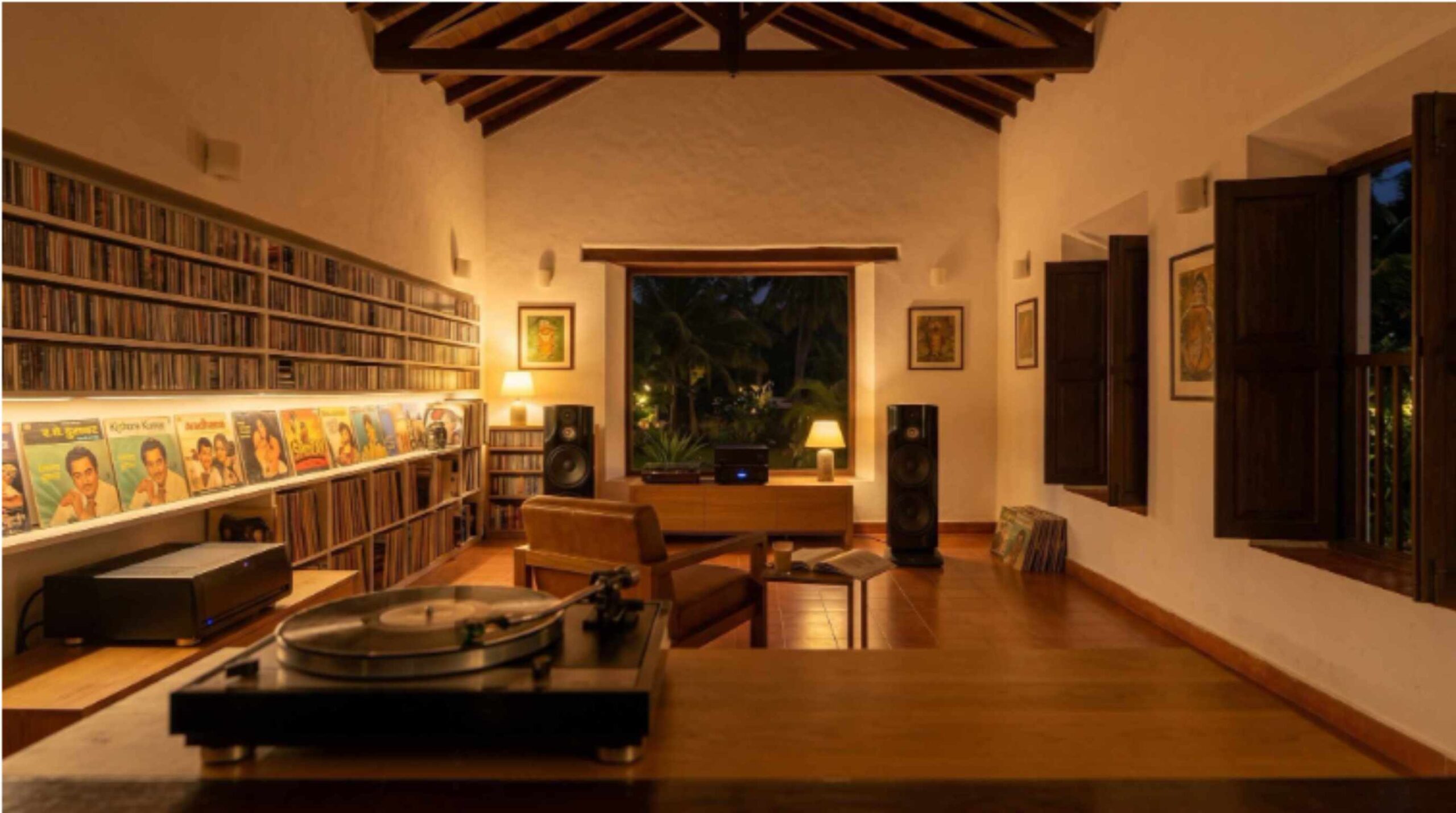 Parasound Halo amplified high fidelity vinyl listening room in a private villa in Calangute Goa