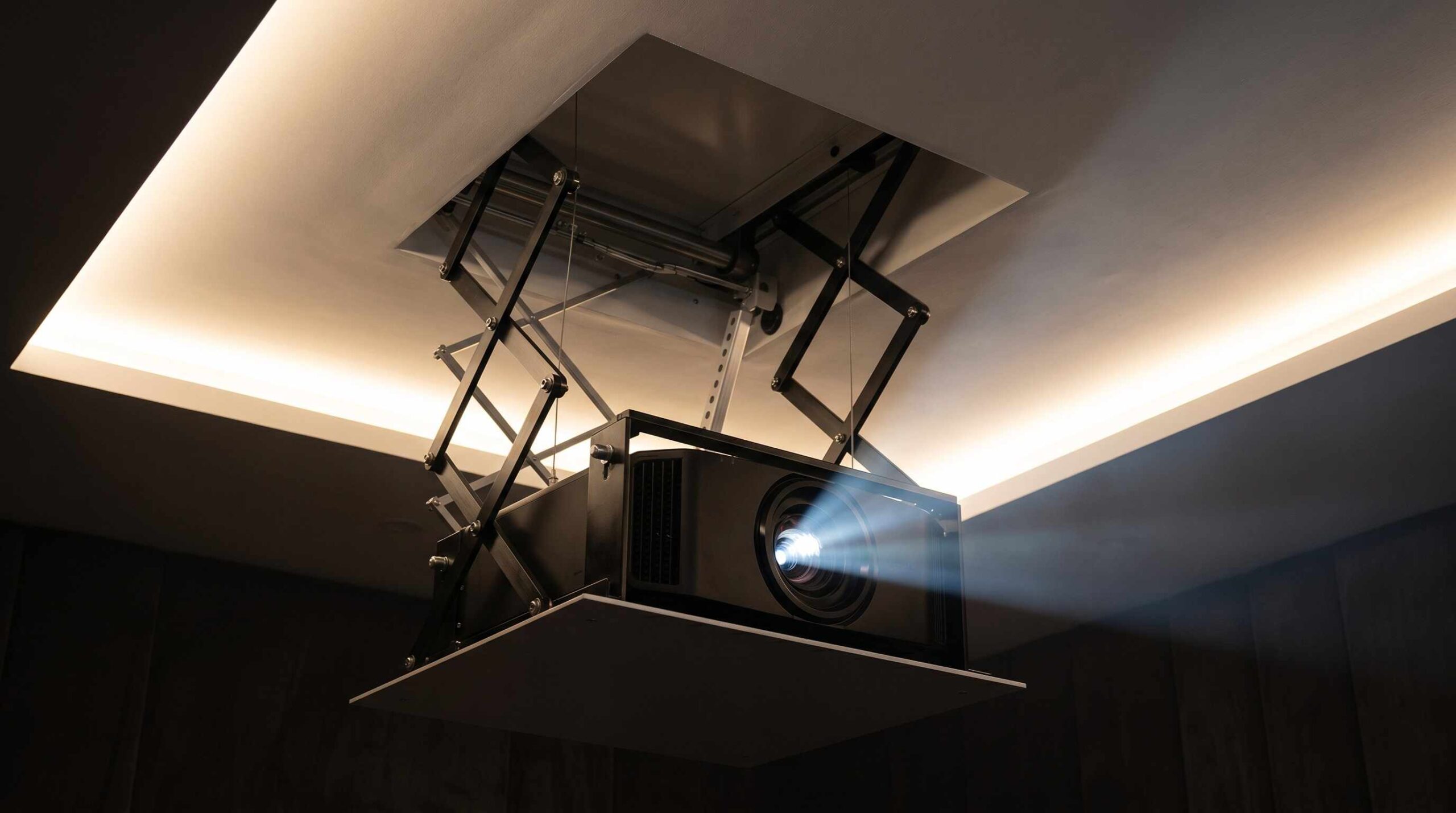 JVC DLA-X75 4K projector concealed in ceiling lift inside luxury home theatre in Ludhiana Punjab