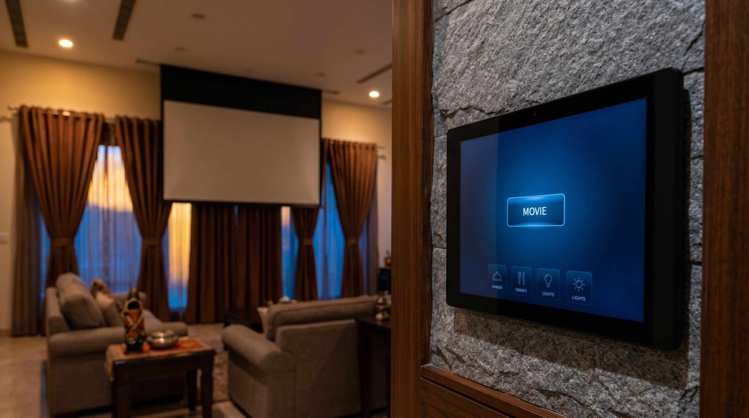 Crestron home automation one-touch cinema scene control in luxury home theatre Ludhiana Punjab