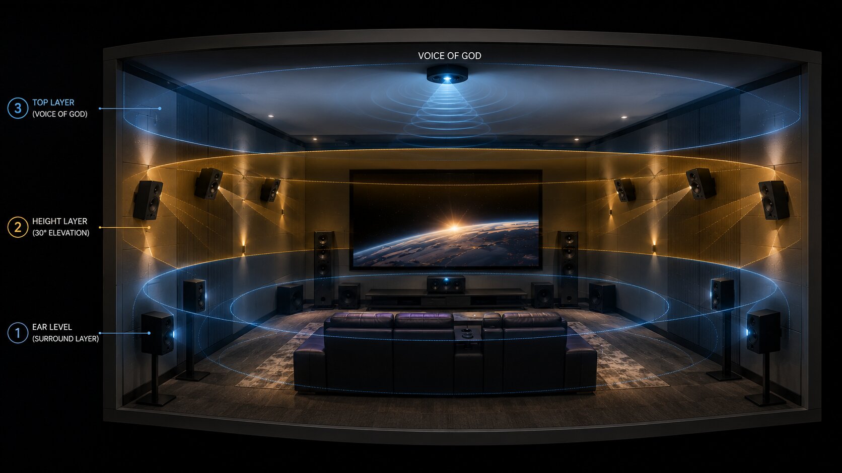 Auro-3D three layer speaker layout with Voice of God channel for home theatre