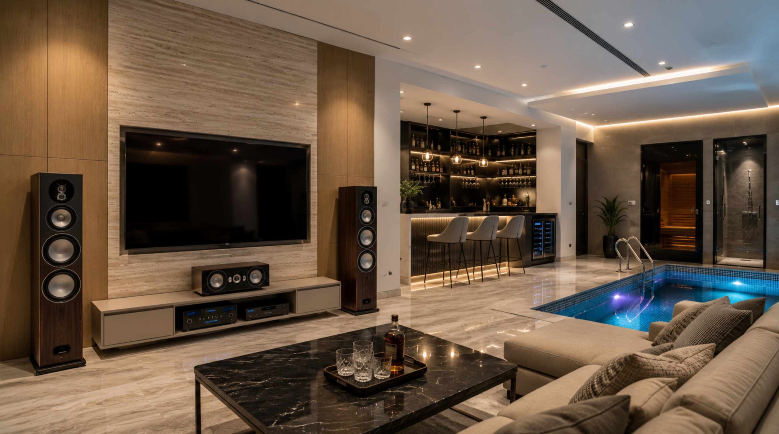 Bowers and Wilkins AM-1 speakers with McIntosh MA8000 amplifier inside a luxury bungalow in Jubilee Hills Hyderabad.