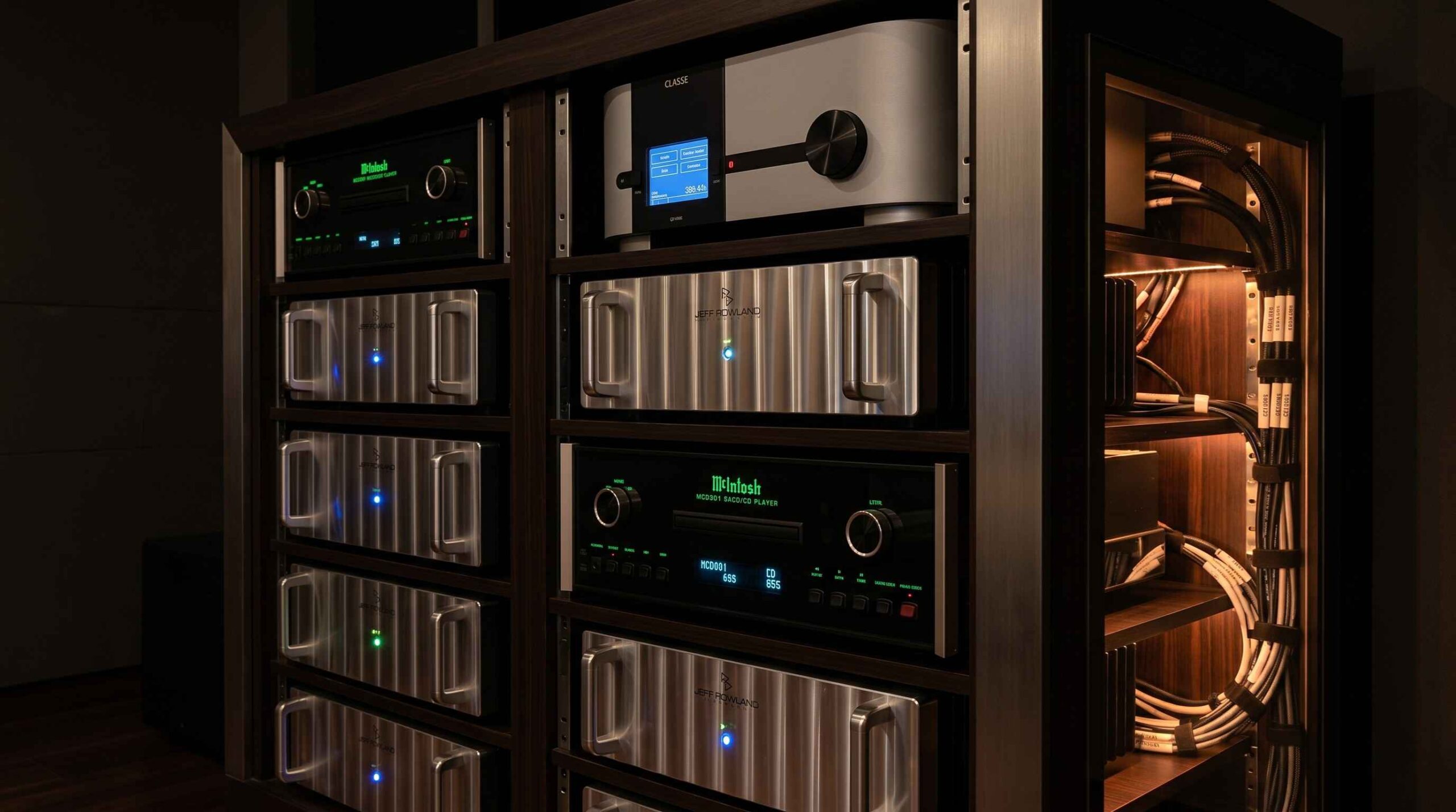 Classe SSP-800 and Jeff Rowland MC-606 reference amplifier rack inside luxury media room Juhu Mumbai
