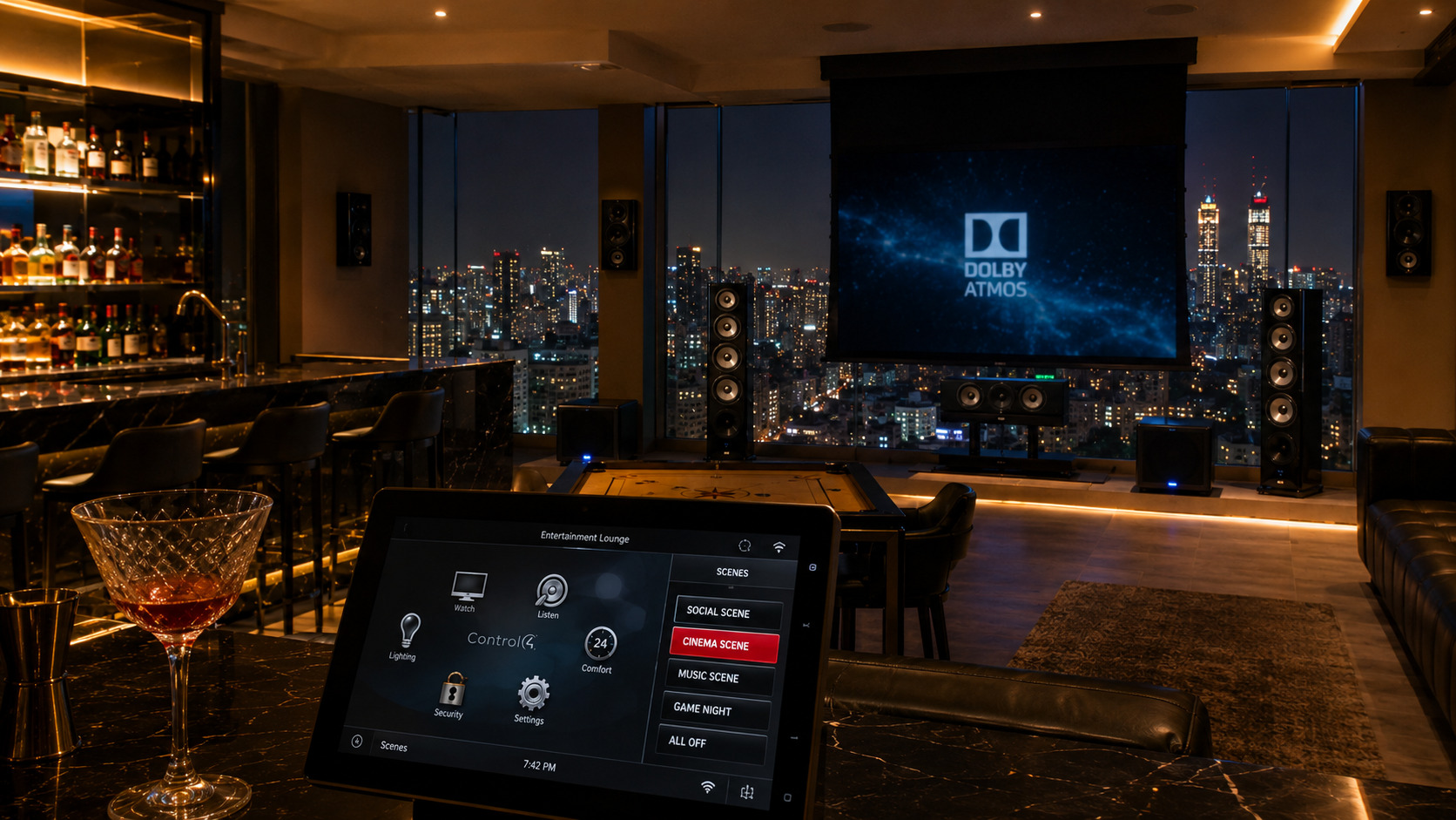 Control4 bar to cinema transition Focal penthouse Dadar Mumbai by Sound Innovators