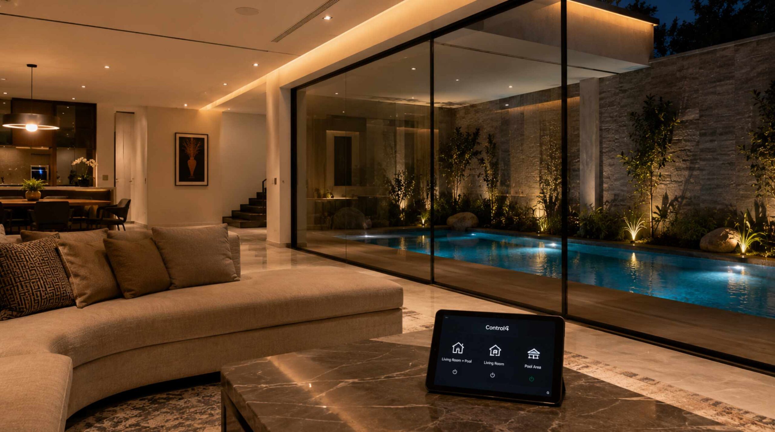 DALI Phantom ceiling Jamo rock speakers living pool zone Barshi villa by Sound Innovators