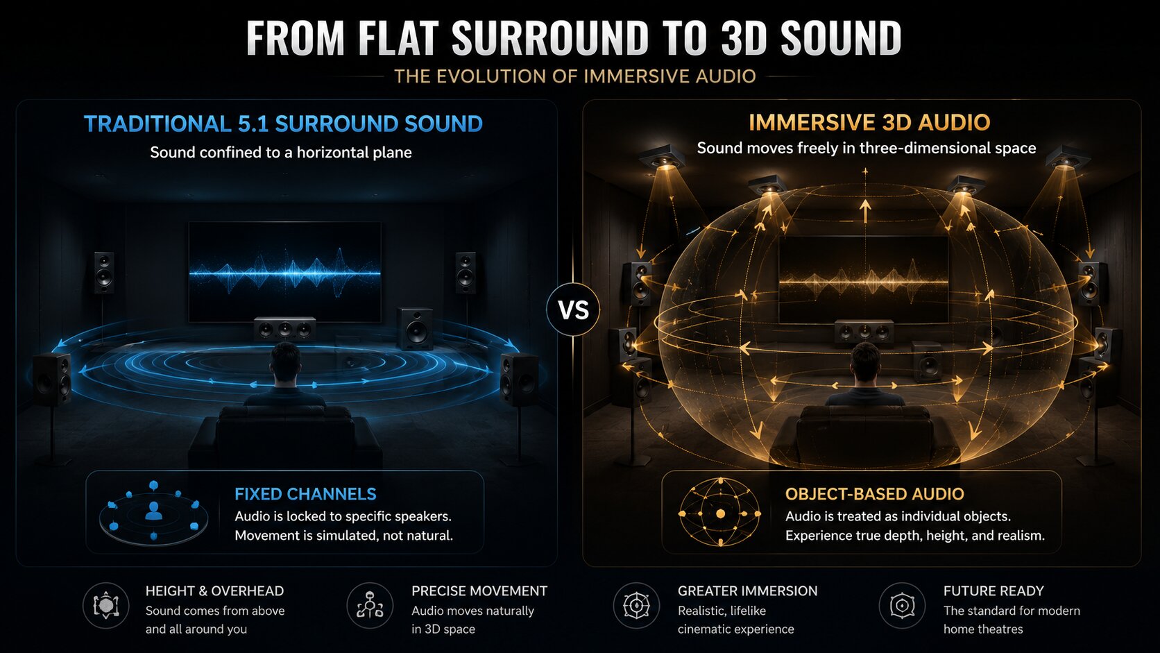 Difference between traditional surround sound and immersive 3D audio home theatre systems