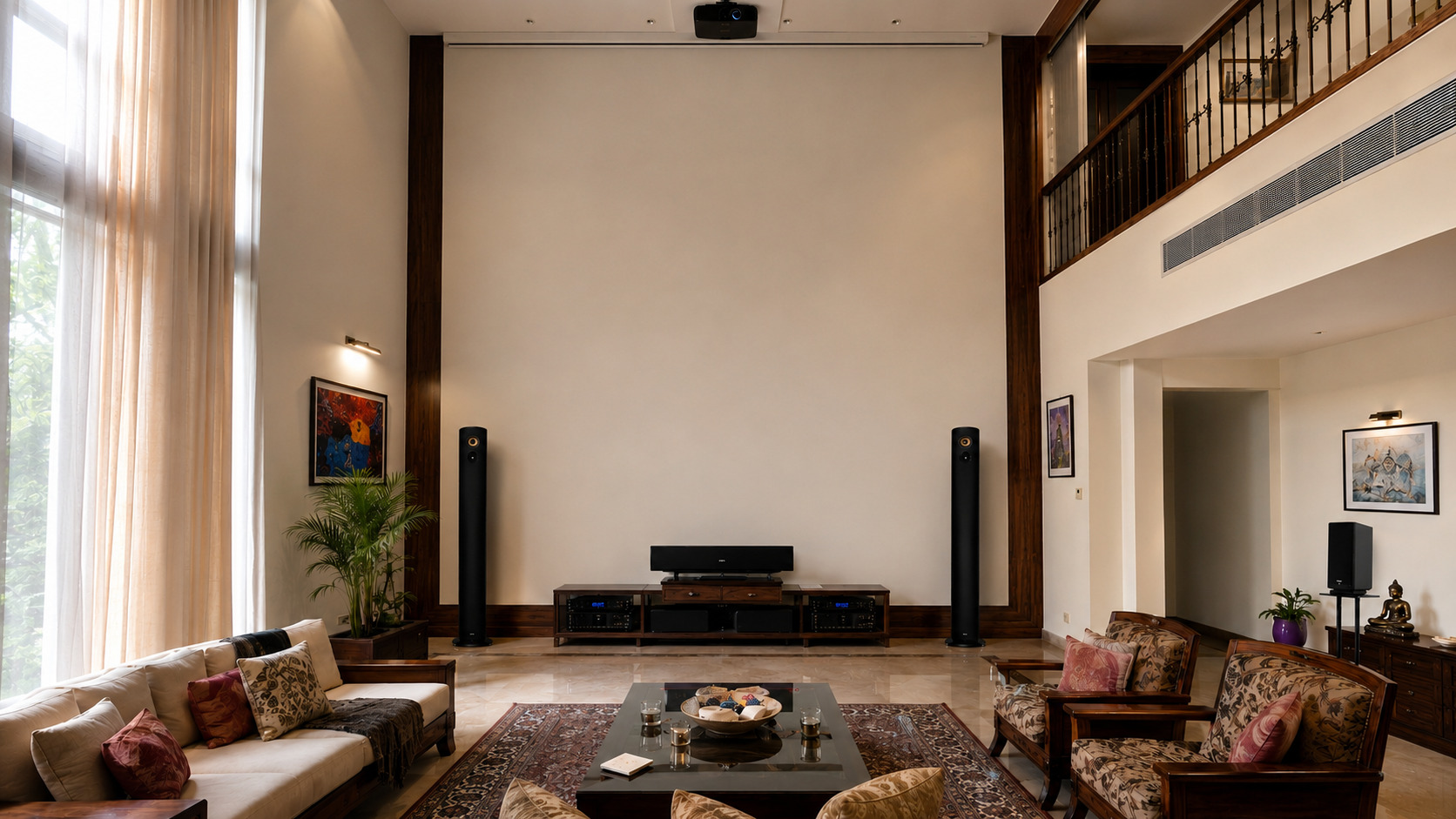 JVC NZ7 8K laser Elite ALR retractable ceiling screen Chandigarh living room by Sound Innovators