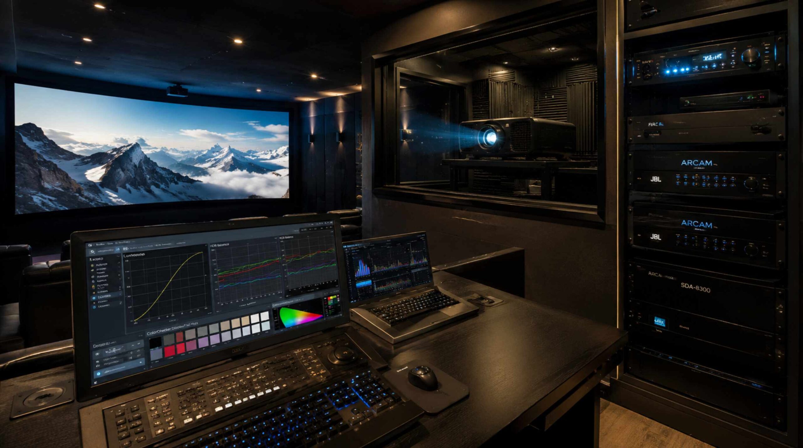 JVC DLA-X900 projector calibration and AV rack setup in premium screening room