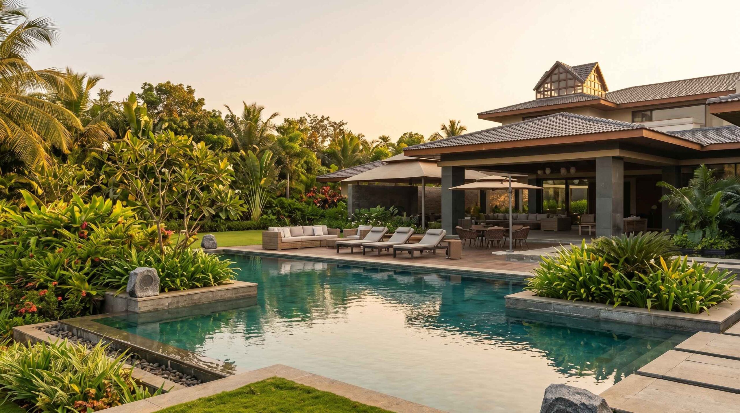 Outdoor garden pool audio Alibag mansion Biamp by Sound Innovators