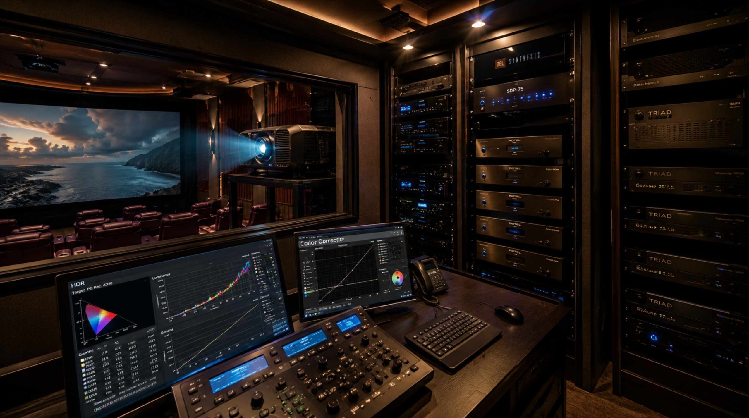 SIM2 NERO 4 UHD projector and JBL SDP-75 processor calibration room in Juhu private theatre.