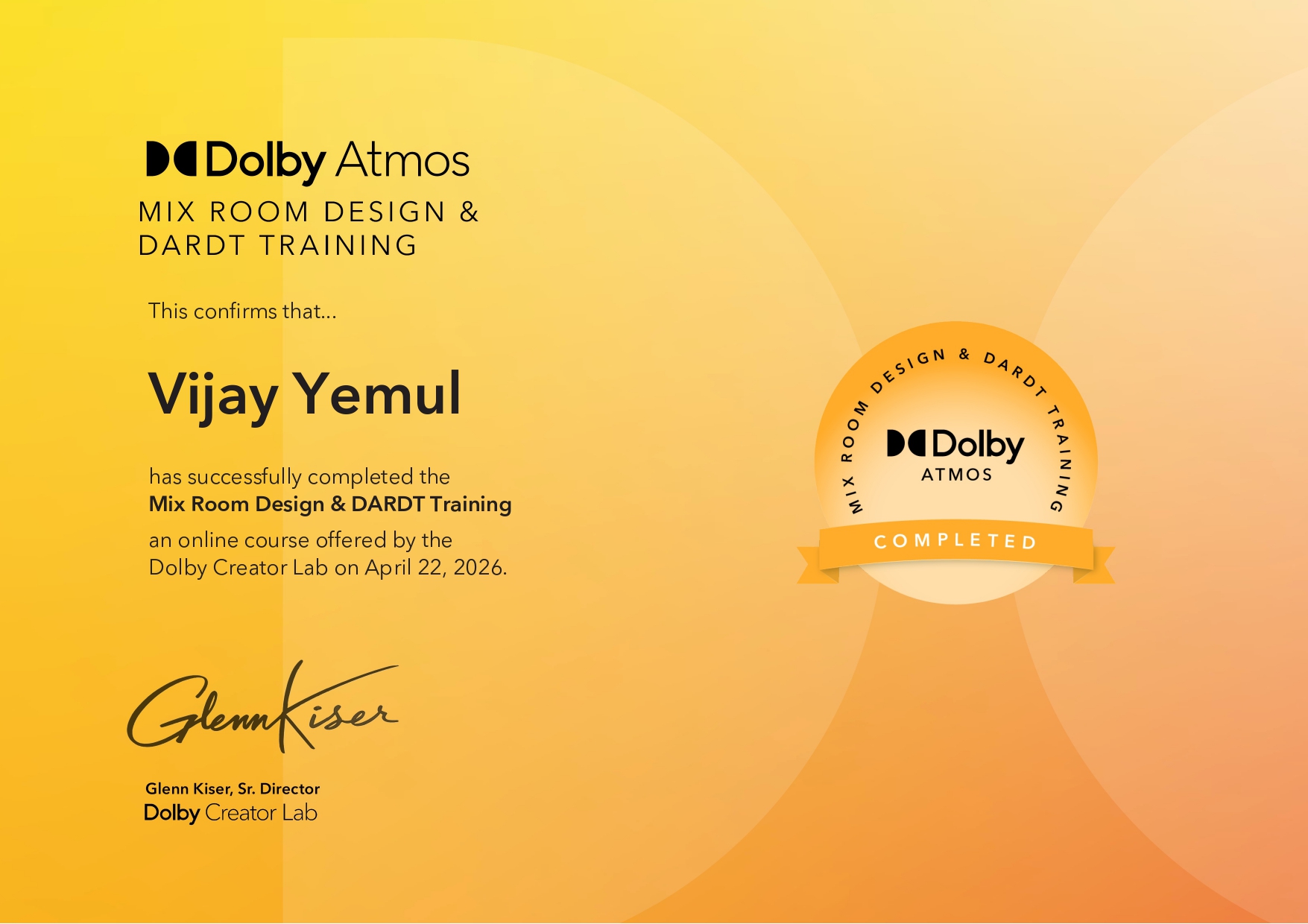 Dolby Atmos Mix Room Design DARDT Certificate