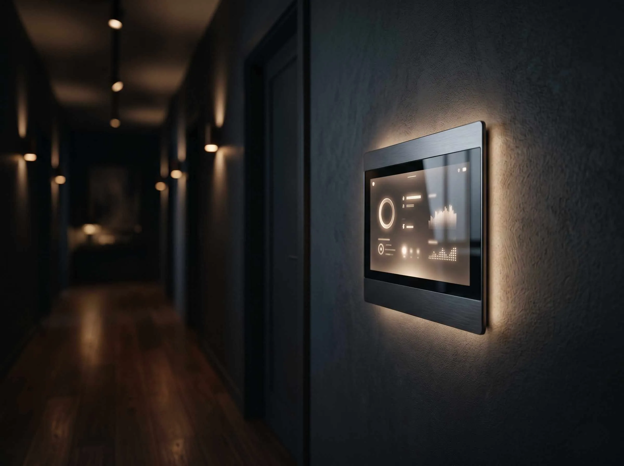 Smart home automation touchscreen panel with ambient lighting control.