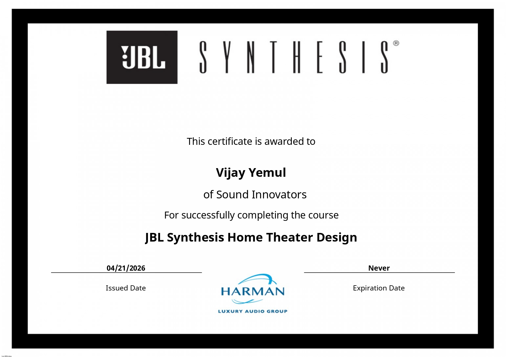 JBL Synthesis Home Theater Design Certificate