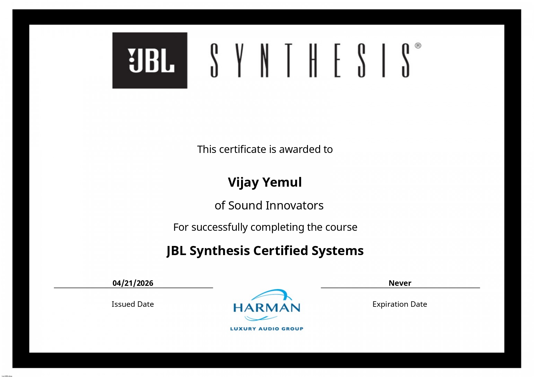 JBL Synthesis Certified Systems Certificate