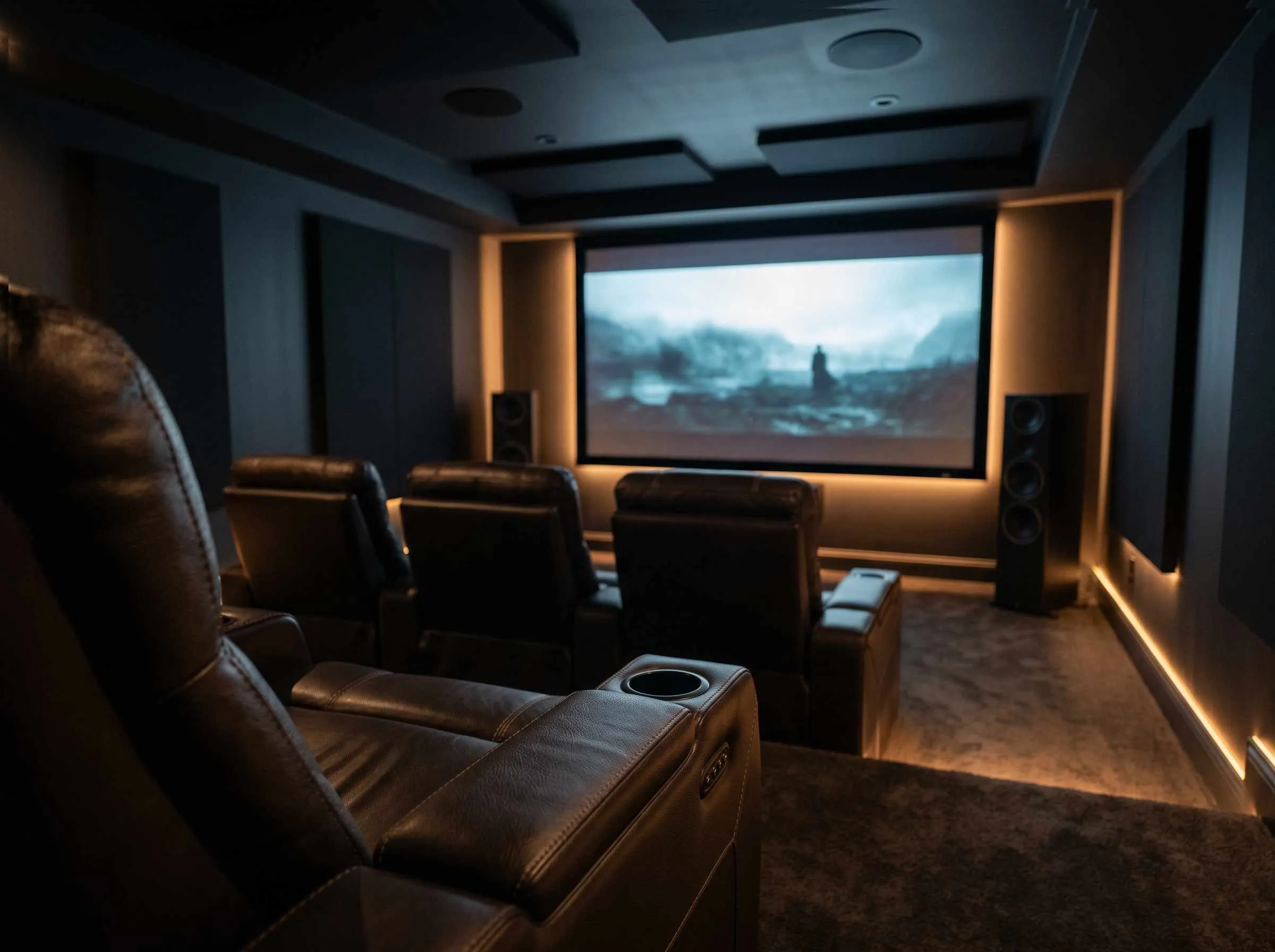 Luxury home theater room with Dolby Atmos surround sound speakers.