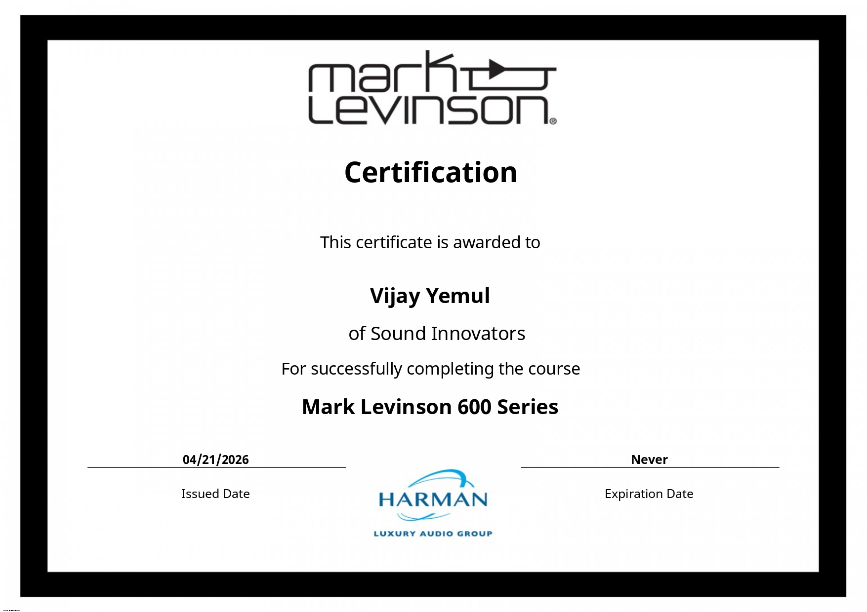 Mark Levinson 600 Series Certificate
