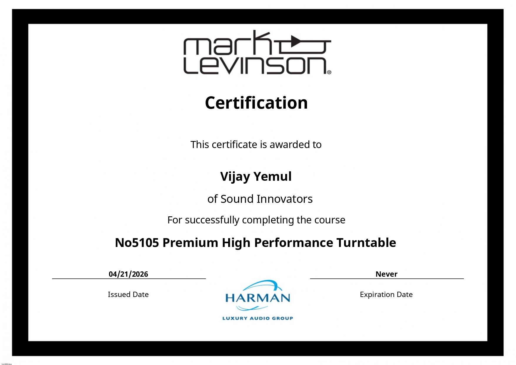 Mark Levinson No5105 Turntable Certificate