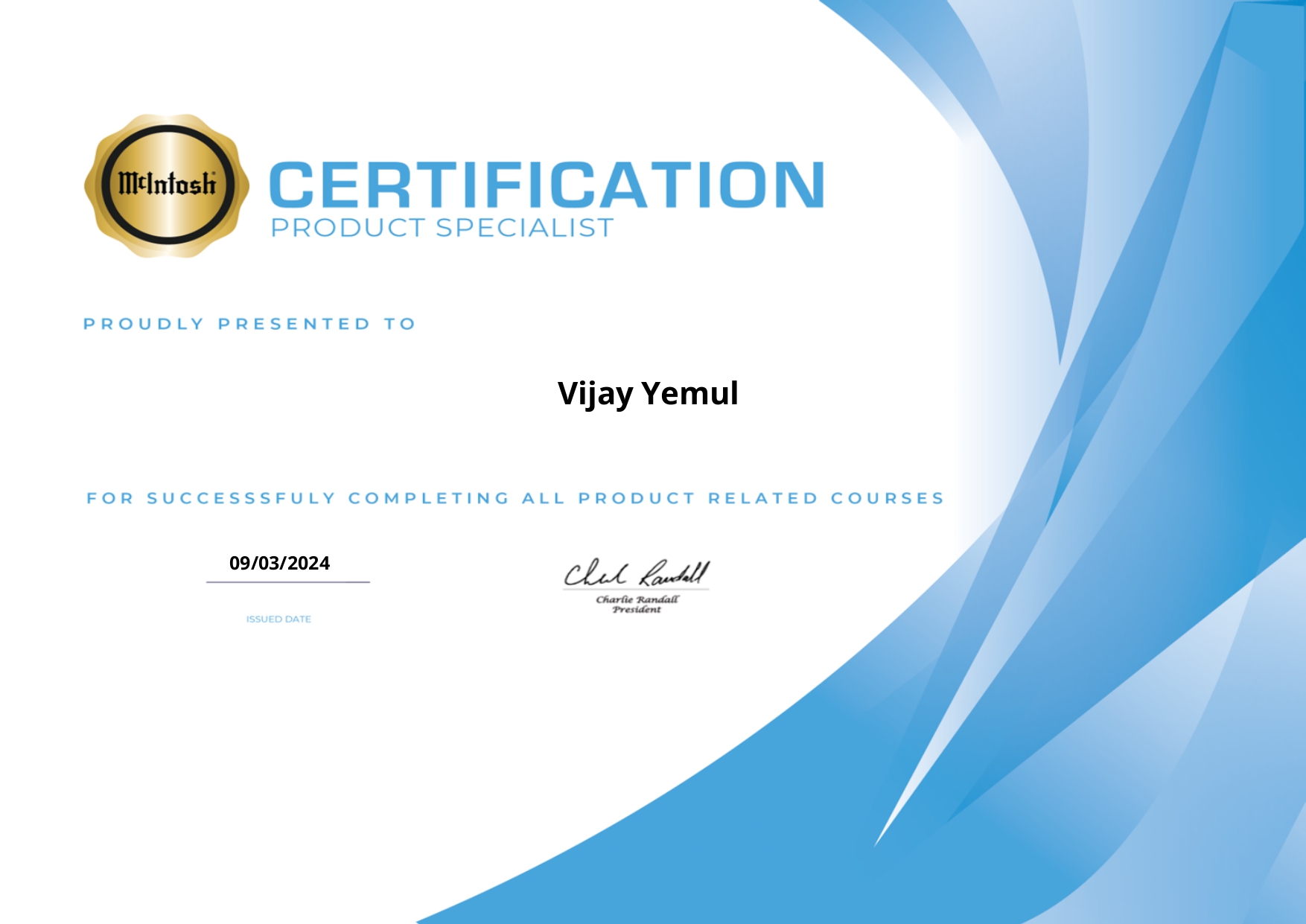 McIntosh Product Specialist Certificate