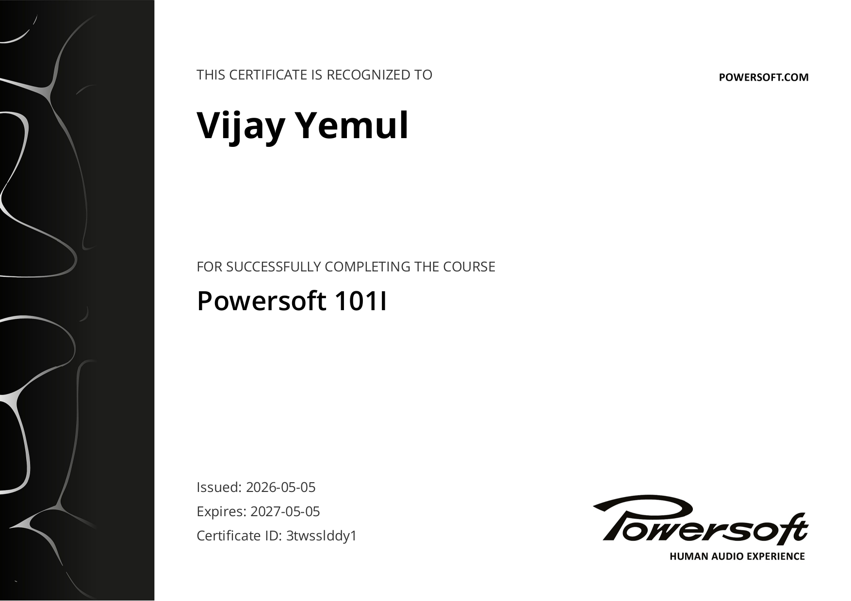 Powersoft 101I Certificate