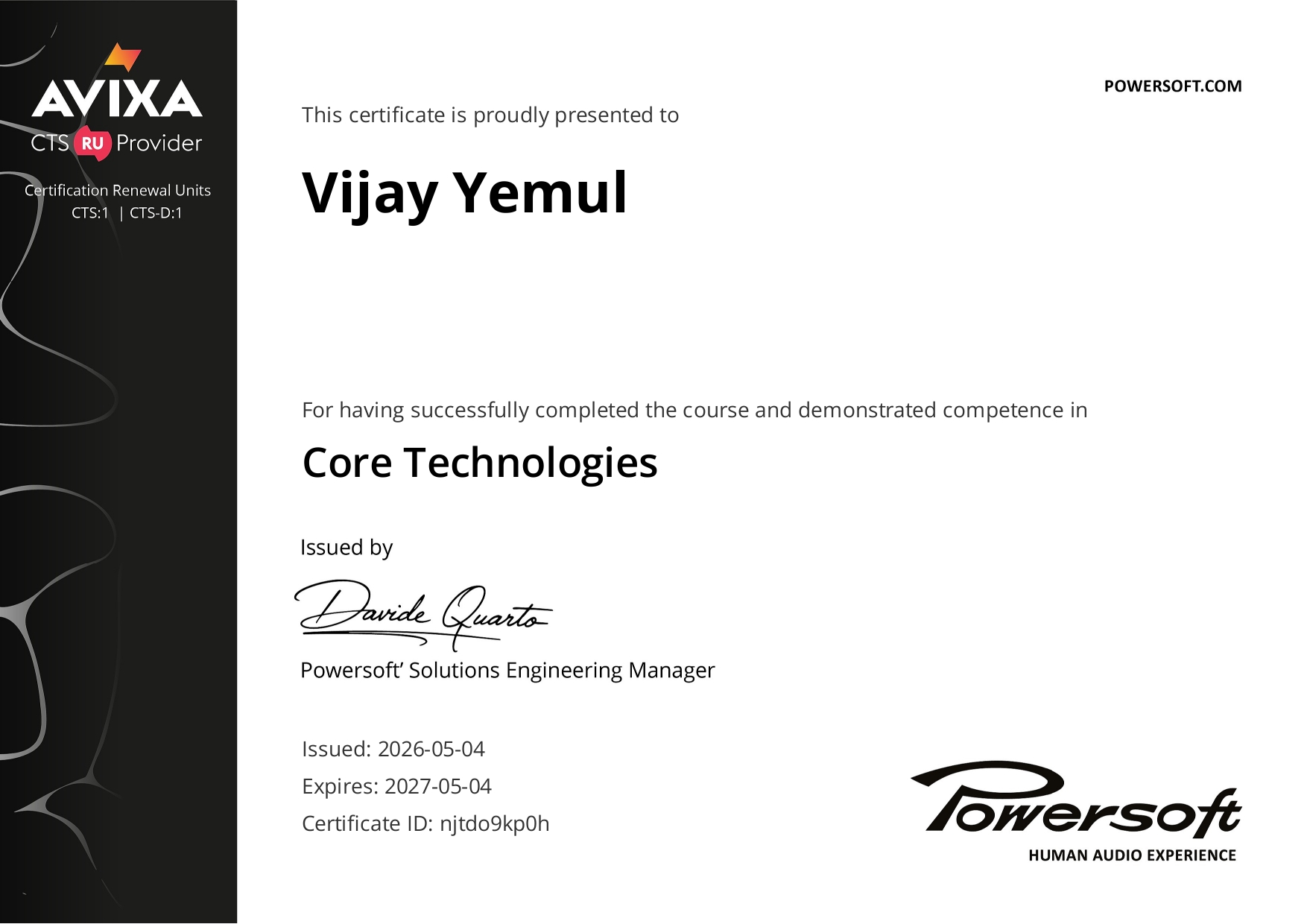 Powersoft Core Technologies Certificate