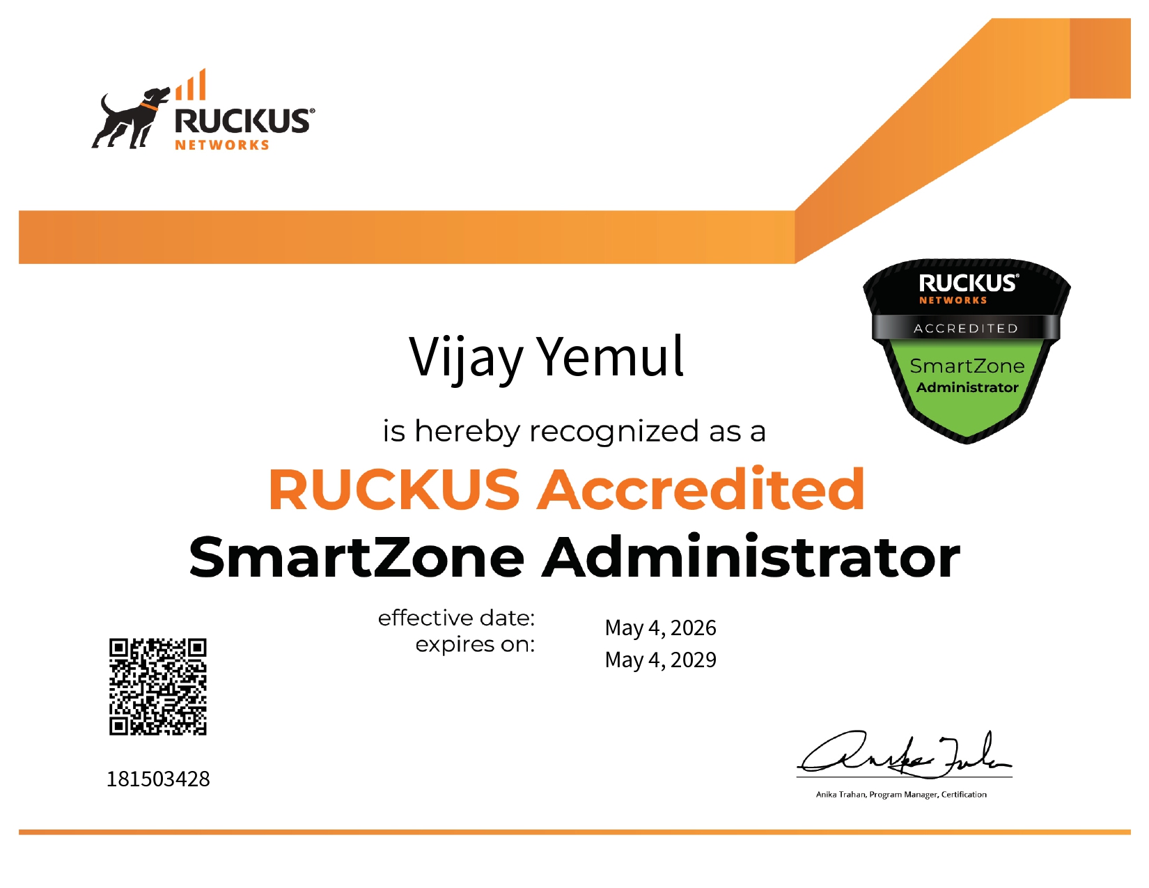 RUCKUS Accredited SmartZone Administrator Certificate