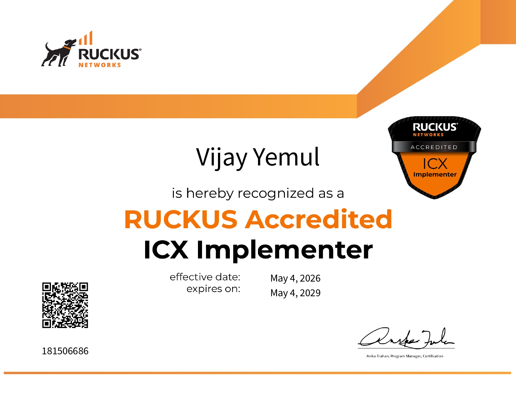 RUCKUS ICX Implementer Accreditation Certificate