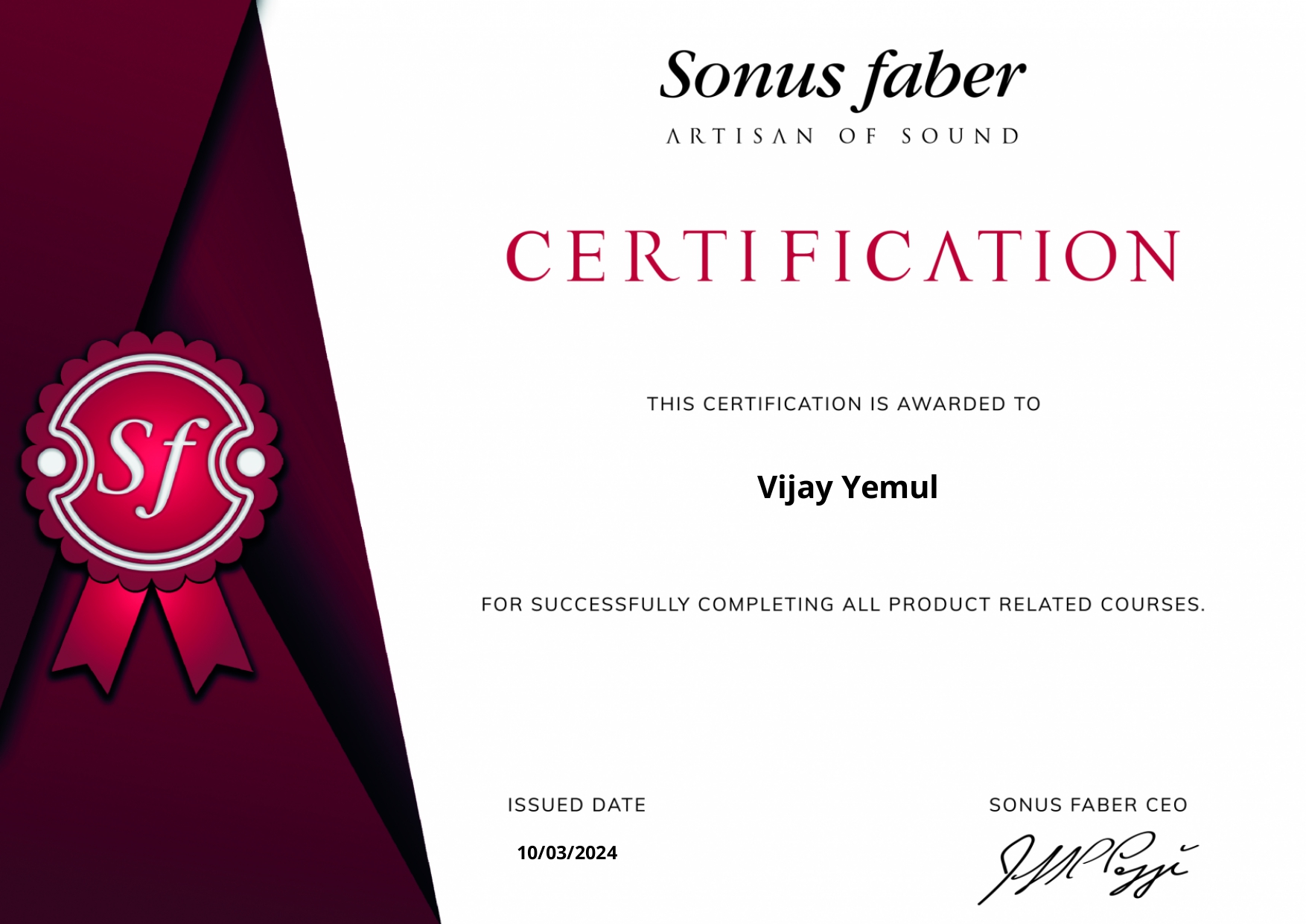 Sonus faber Product Specialist Certificate