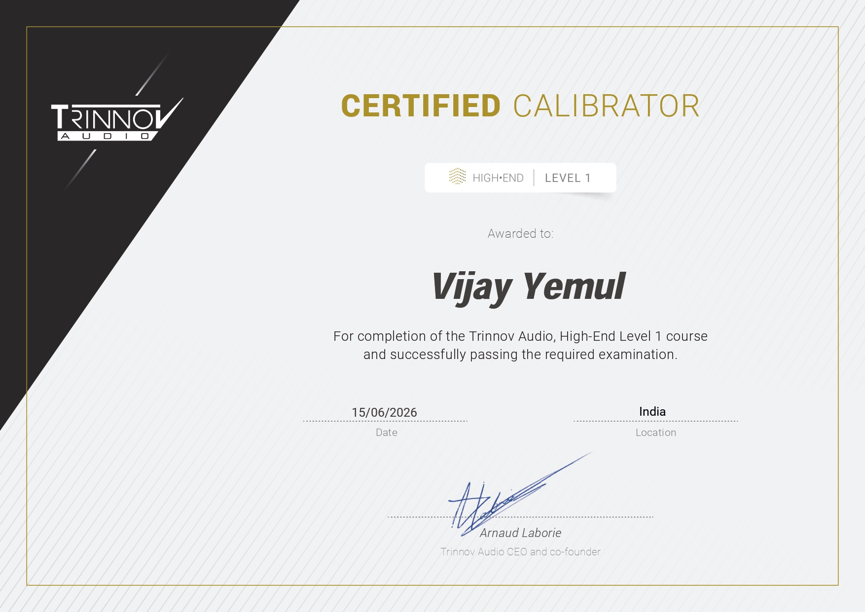 Trinnov Certified Calibrator Level 1 Certificate