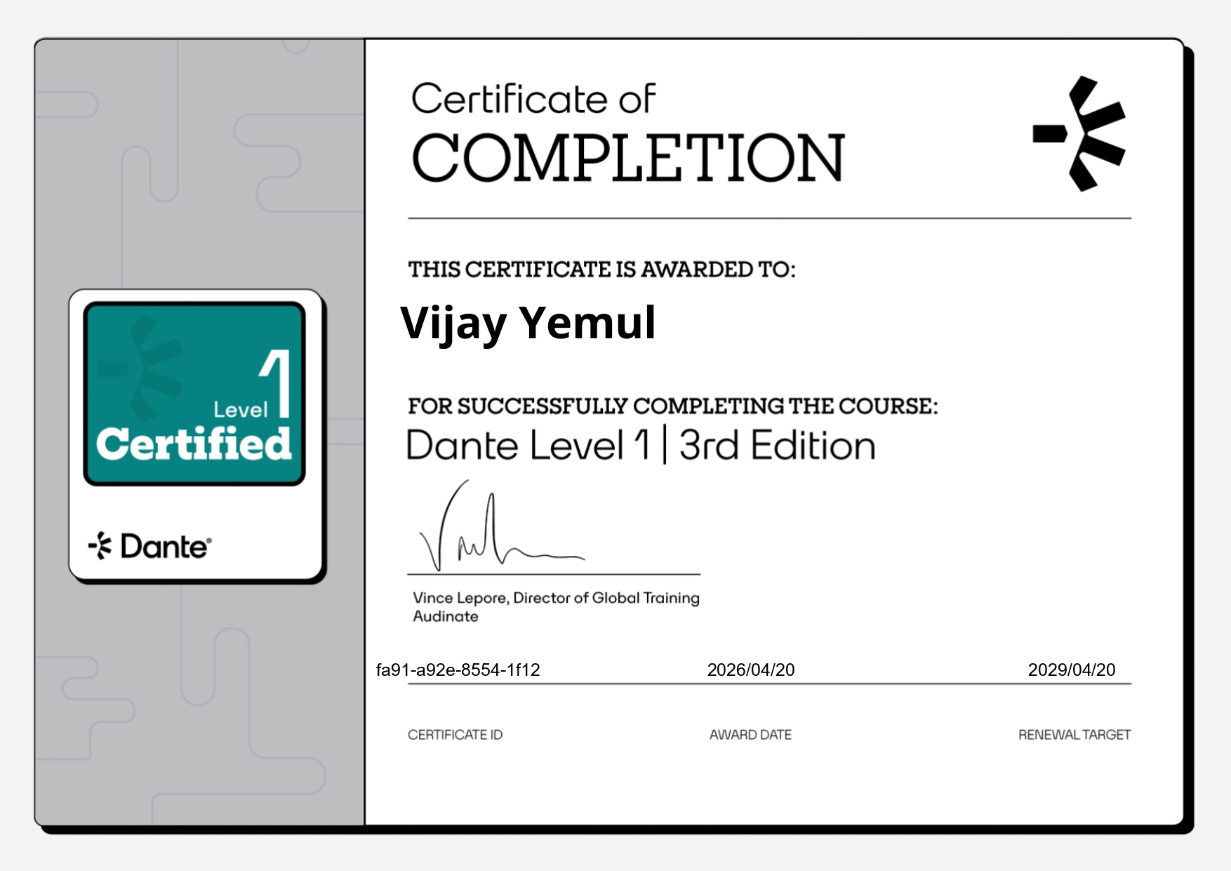 Dante Level 1 Certificate