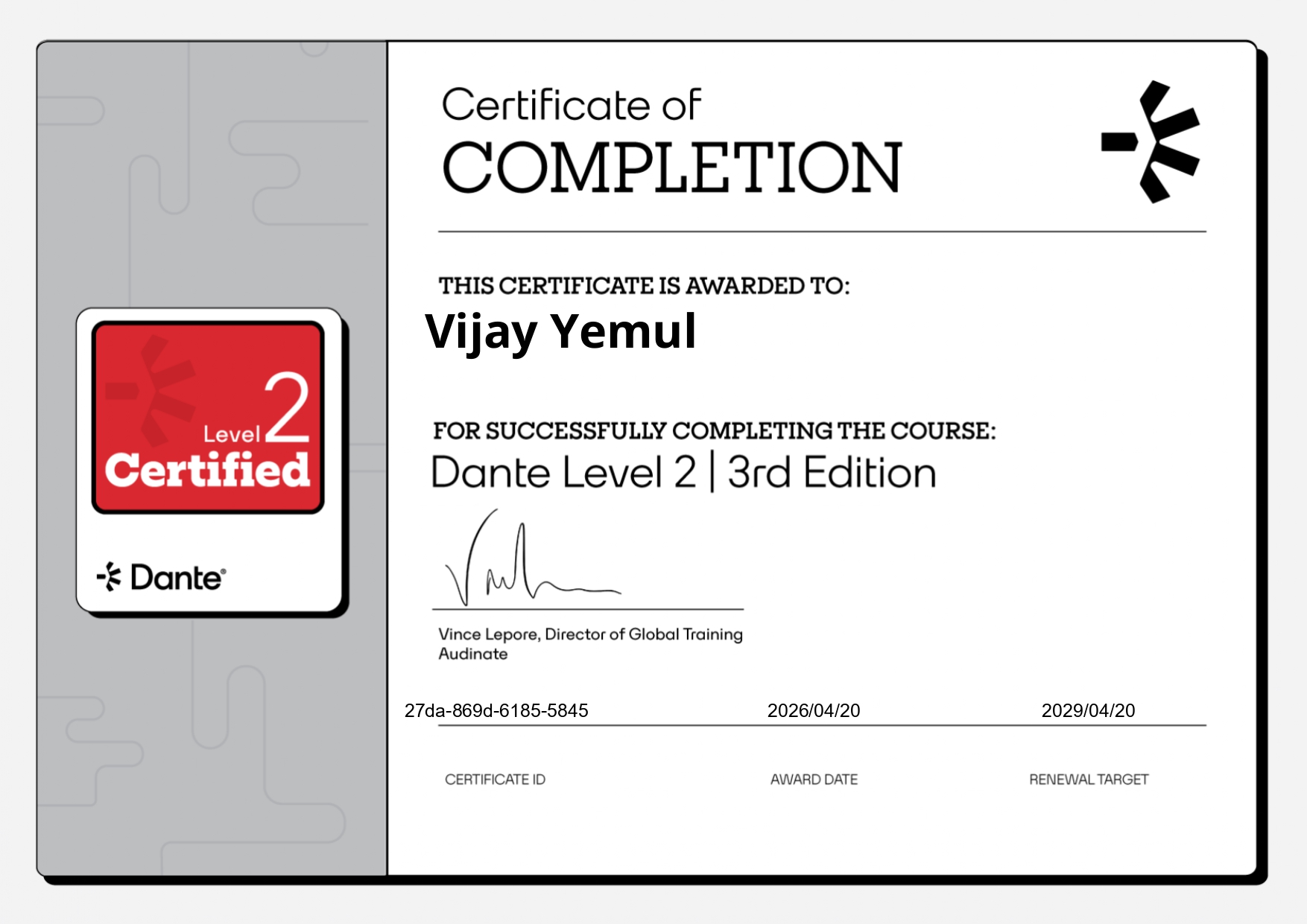 Dante Level 2 Certificate