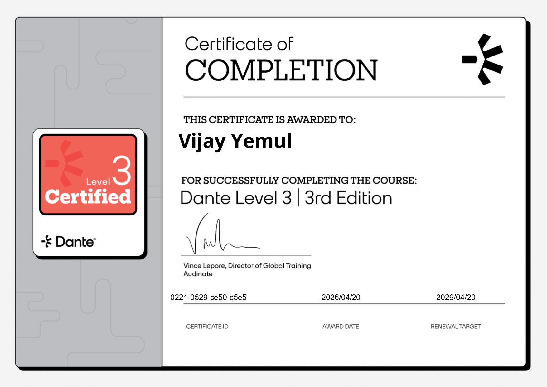 Dante Level 3 Certificate