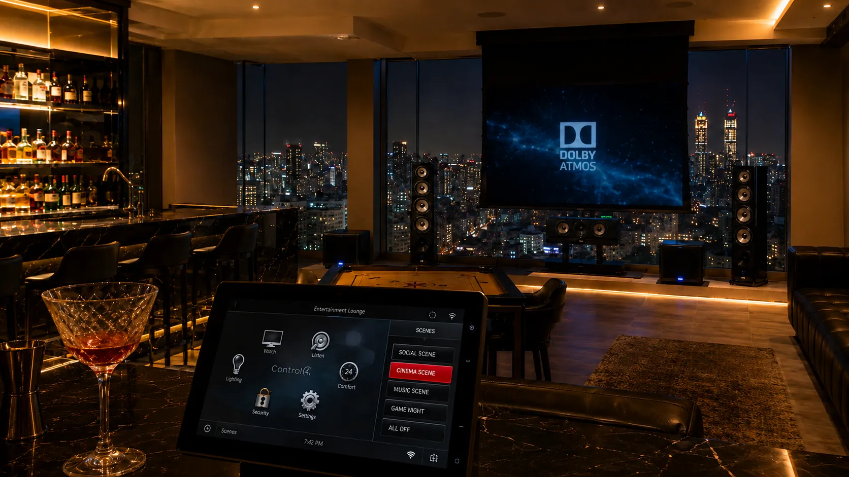 Control4 bar to cinema transition Focal penthouse Dadar Mumbai by Sound Innovators