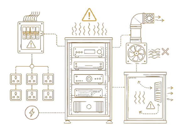 Home theater power and ventilation planning mistakes illustration showing AV rack overheating, overloaded electrical circuits, blocked airflow, and improper equipment ventilation.