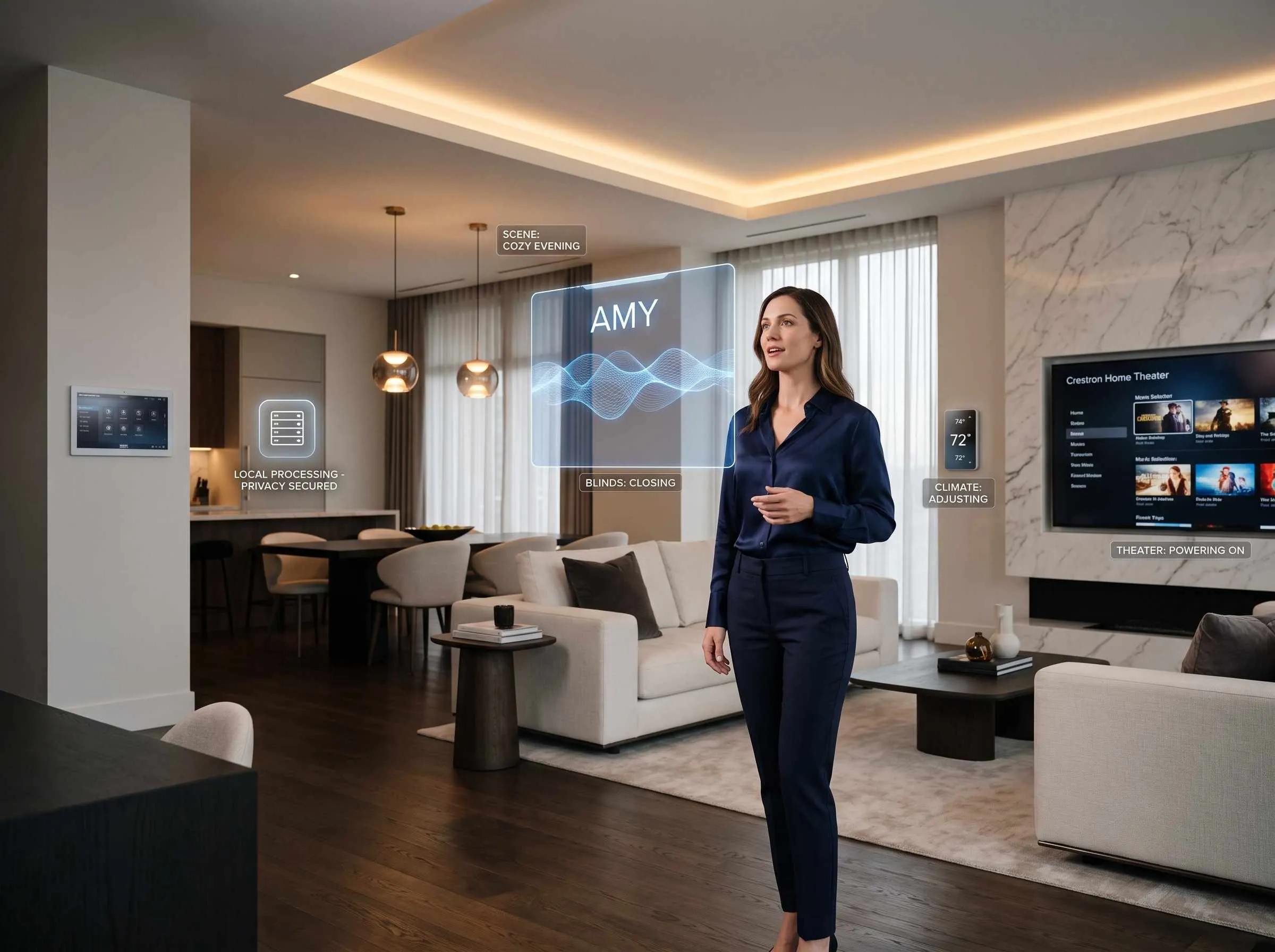 Amy AI Voice Assistant controlling a luxury Crestron smart home using natural voice commands with intelligent automation, smart lighting, climate control, entertainment, and privacy-focused local AI processing.
